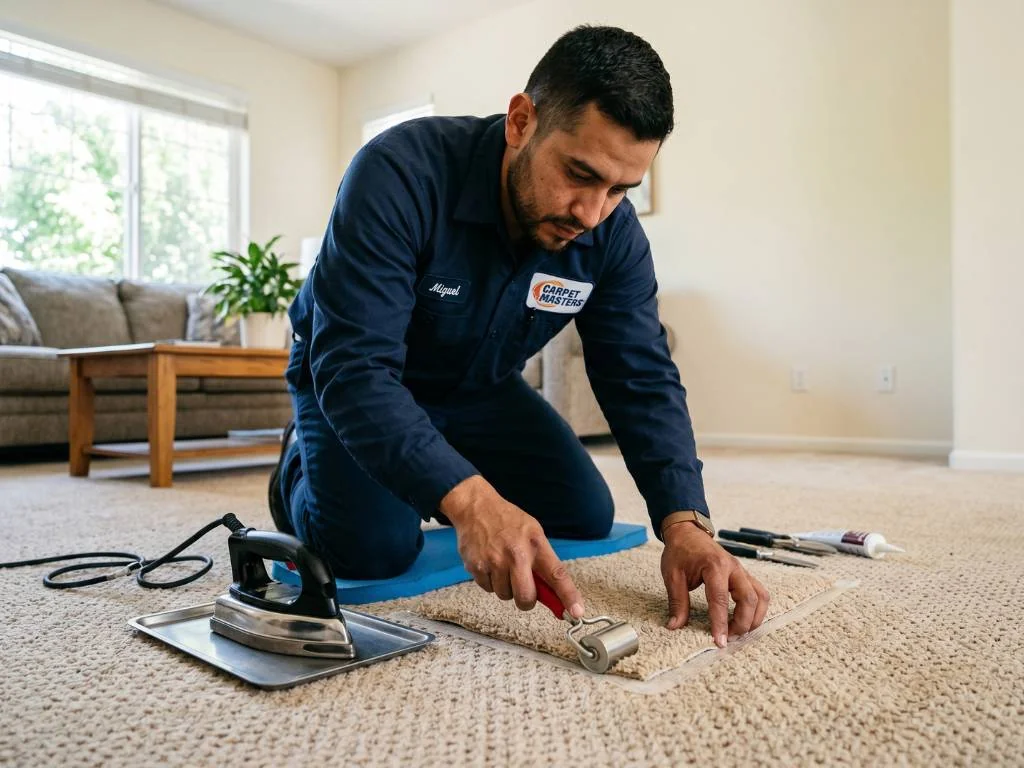 Technician finishing carpet repair with roller tool