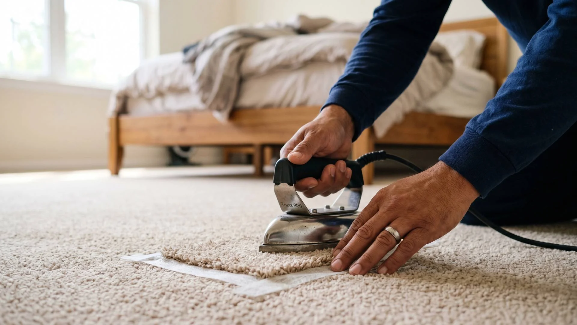 Carpet seam repair with professional iron tool